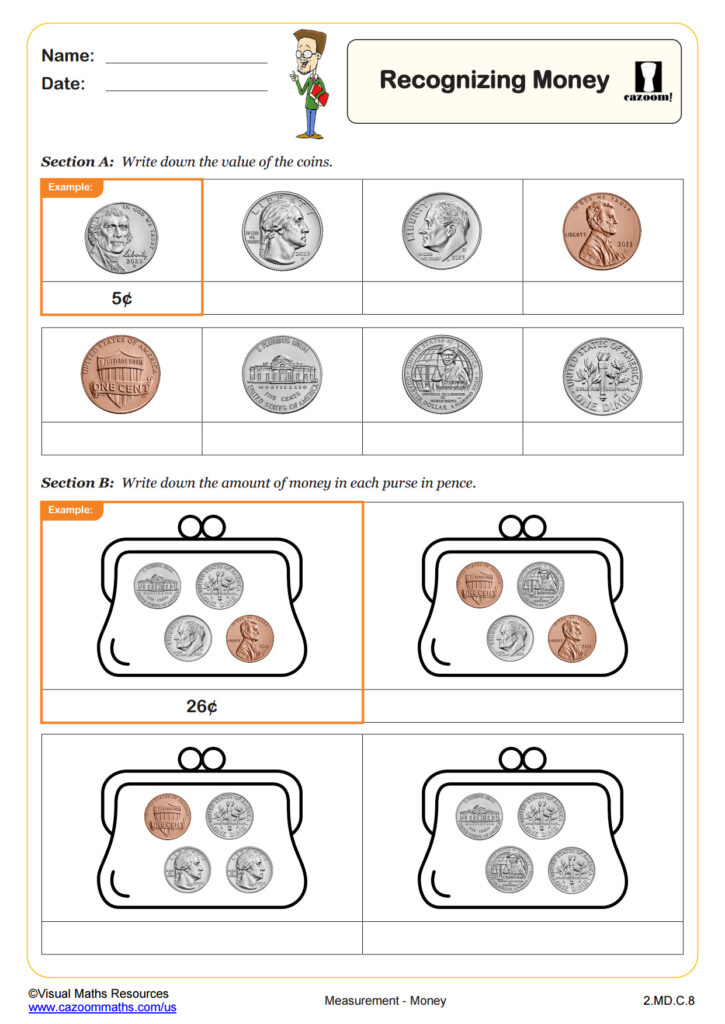 A money worksheet with sections for identifying coin values and adding coins shown inside purses.