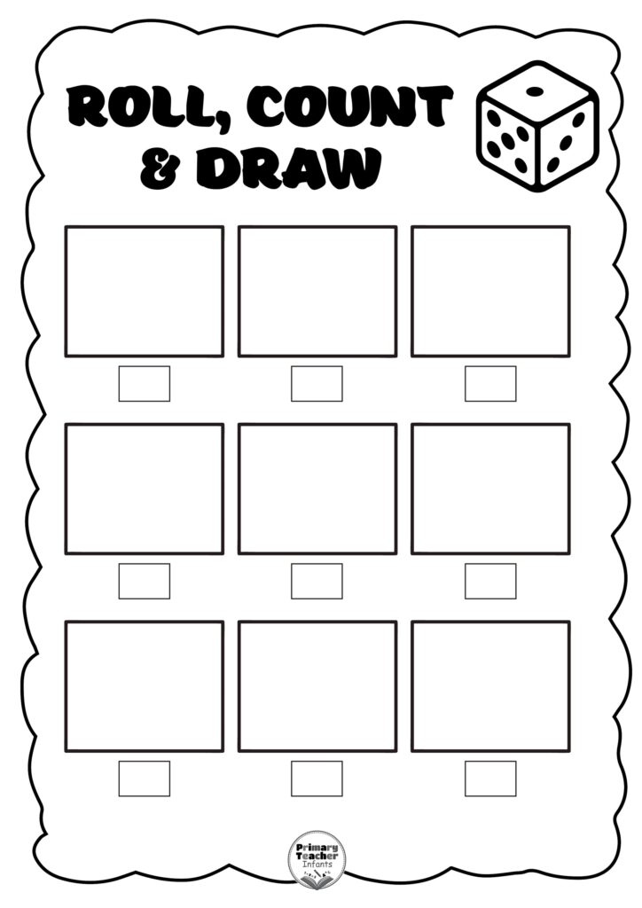 A “Roll, Count & Draw” worksheet for young learners, with a dice illustration, nine large drawing boxes, and small answer boxes beneath them.