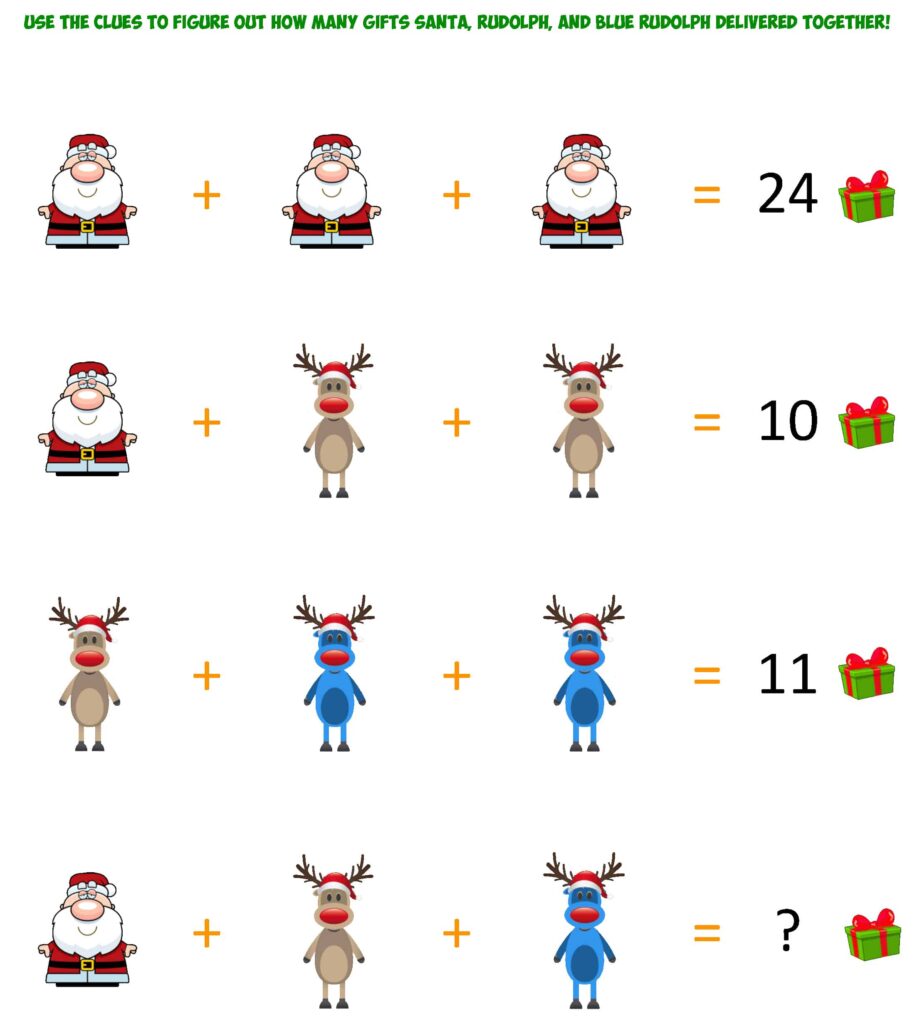A Christmas math puzzle asks how many gifts Santa, Rudolph, and blue Rudolph delivered together, using four rows of addition equations with picture clues.