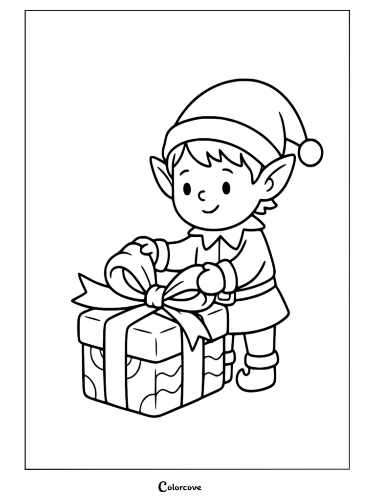 Black-and-white coloring page of a smiling elf in a Santa hat tying a bow on a wrapped present.