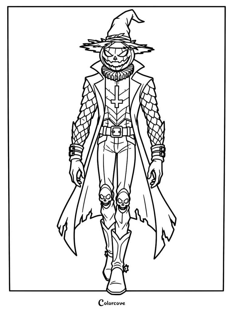 A scarecrow coloring page shows a jack-o’-lantern head beneath a pointed hat, wearing a long coat, patterned sleeves, and skull decorations on its legs.