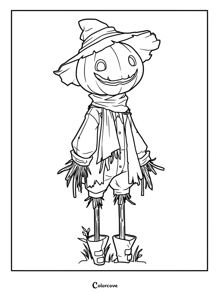 Black-and-white coloring-page outline of a smiling pumpkin-headed scarecrow wearing a floppy hat, scarf, patched clothes, and boots, standing among tufts of grass.