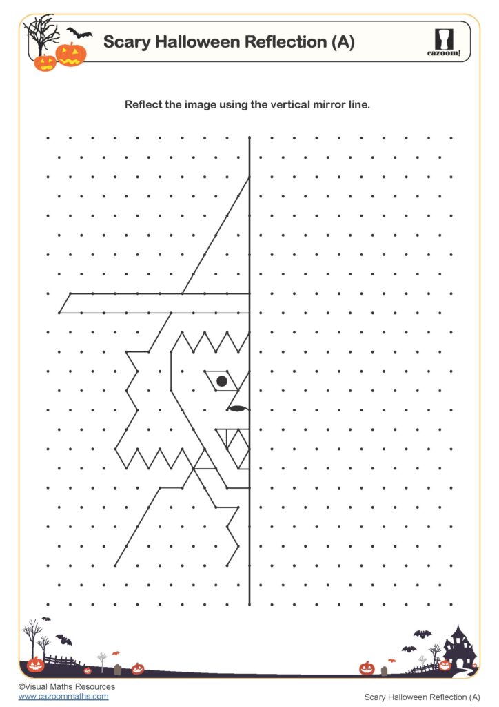 A Halloween reflection worksheet shows half of a spooky figure on a dotted grid beside a vertical mirror line, with pumpkins, bats, and a haunted-house border.