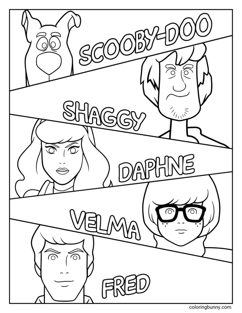 A coloring page divided into diagonal panels showing outline portraits of Scooby-Doo, Shaggy, Daphne, Velma, and Fred, with each character’s name.