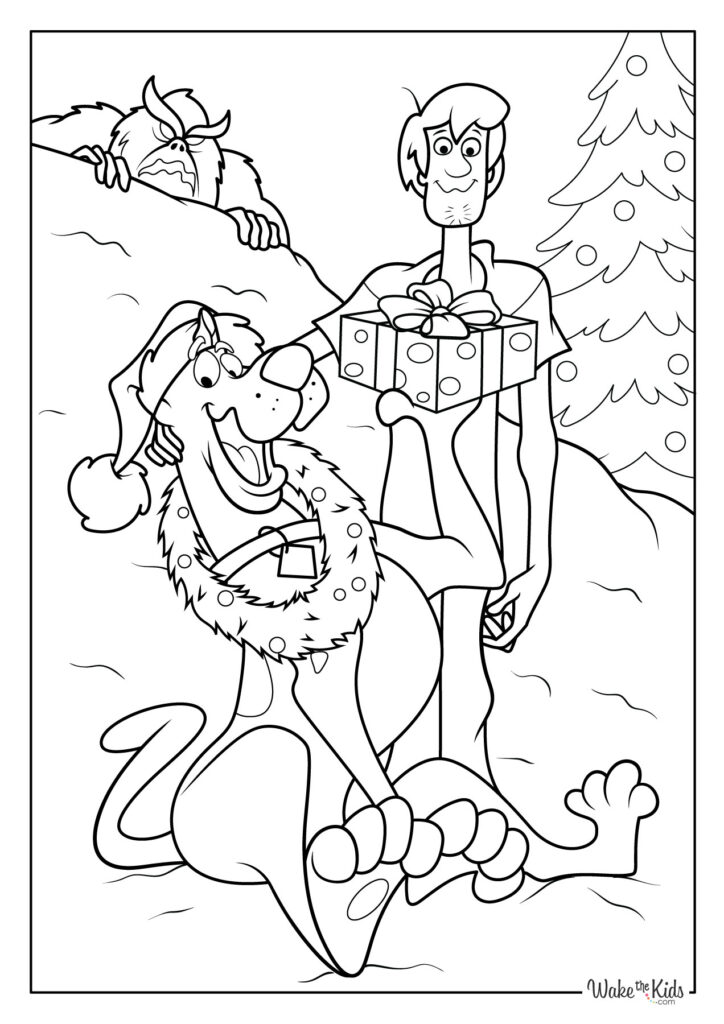 Black-and-white coloring page of Scooby-Doo wearing a wreath and Santa hat beside Shaggy holding a present, with a decorated Christmas tree and snowy background.