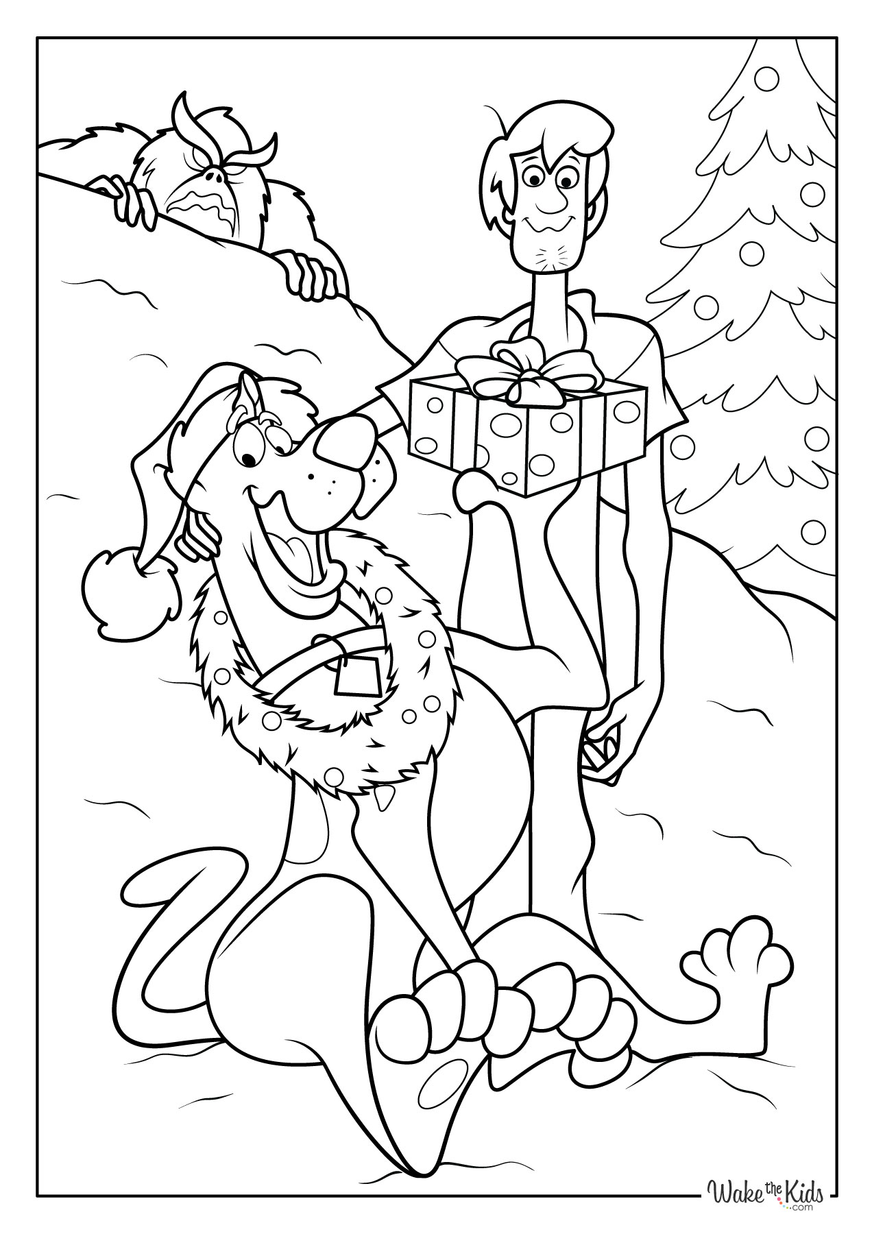 Black-and-white coloring page of Scooby-Doo wearing a wreath and Santa hat beside Shaggy holding a present, with a decorated Christmas tree and snowy background.