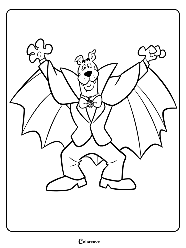 Black-and-white coloring page of a smiling cartoon dog in a cape, bow tie, and costume, raising both arms.