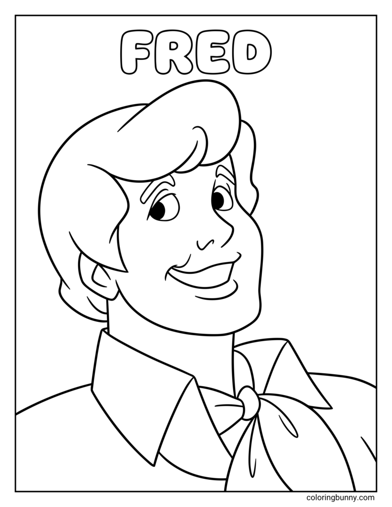 A bordered coloring-page portrait of Fred smiling, with his name above him and his neckerchief and collared shirt visible.