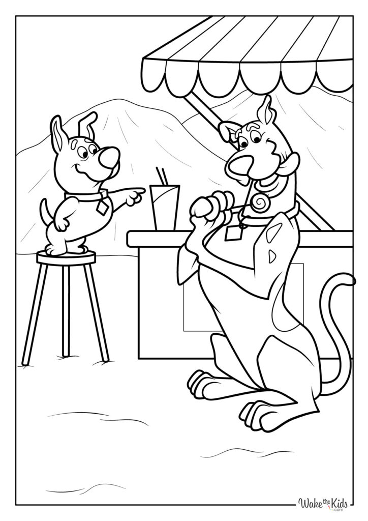 Black-and-white coloring page showing a small dog standing on a stool and pointing toward a larger dog behind a counter beneath a striped awning.