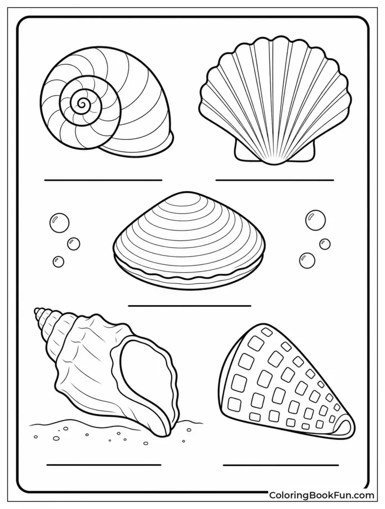A worksheet-style coloring page with five outlined seashells, each paired with a blank line, plus small bubbles and a sandy seabed.