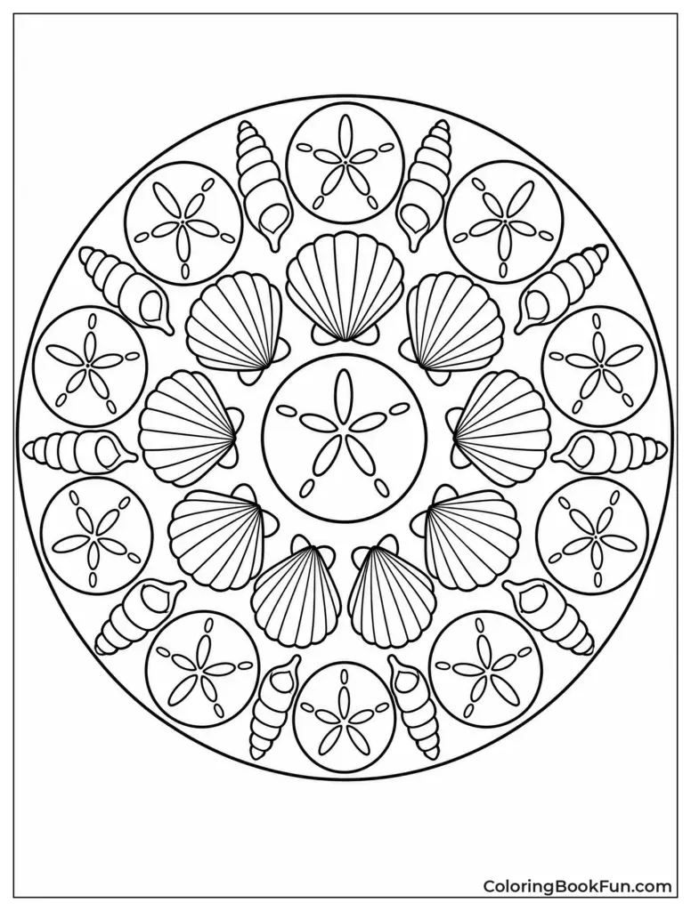 A circular seashell coloring page with scallop shells, spiral shells, and sand dollars arranged in a repeating pattern.