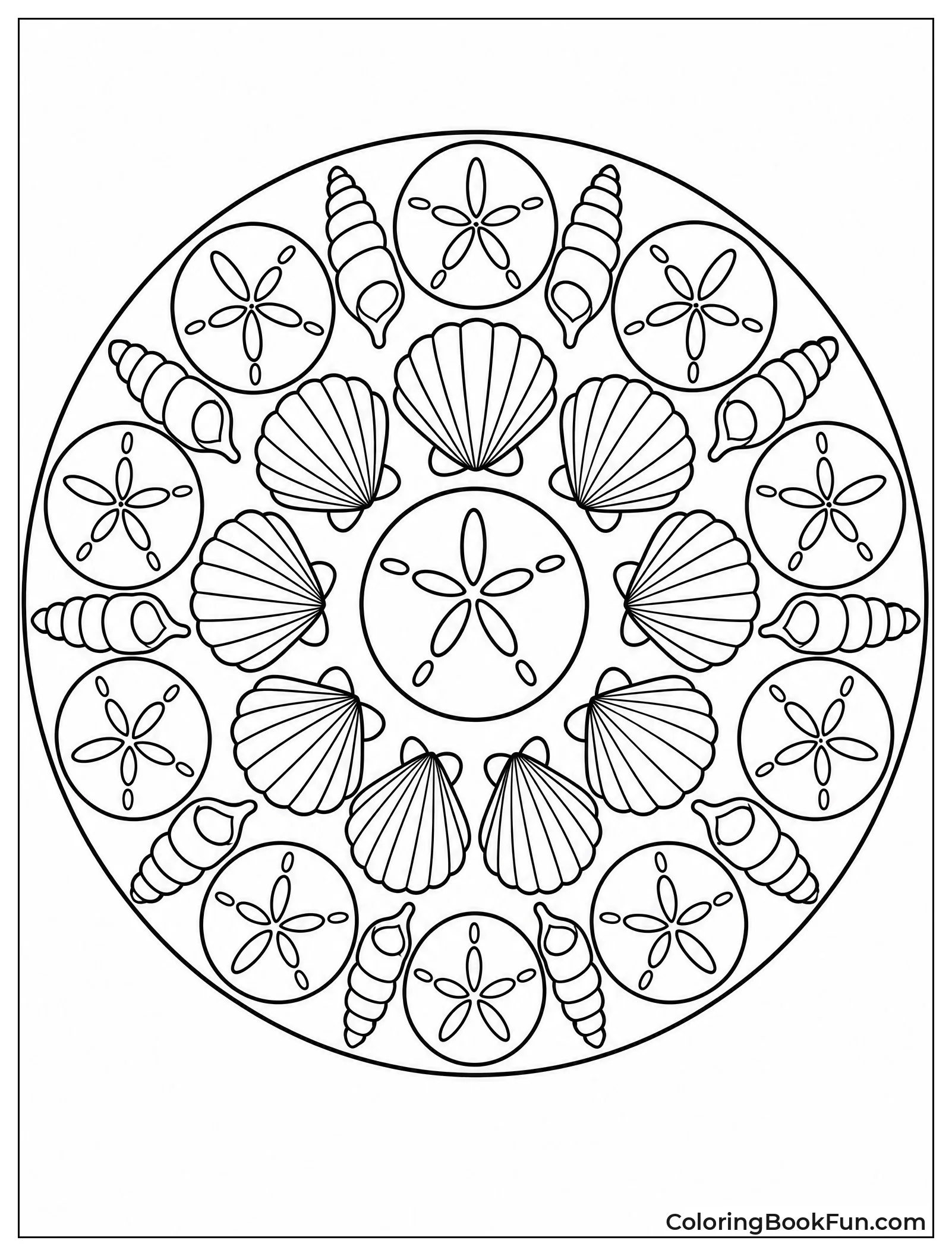 A circular seashell coloring page with scallop shells, spiral shells, and sand dollars arranged in a repeating pattern.