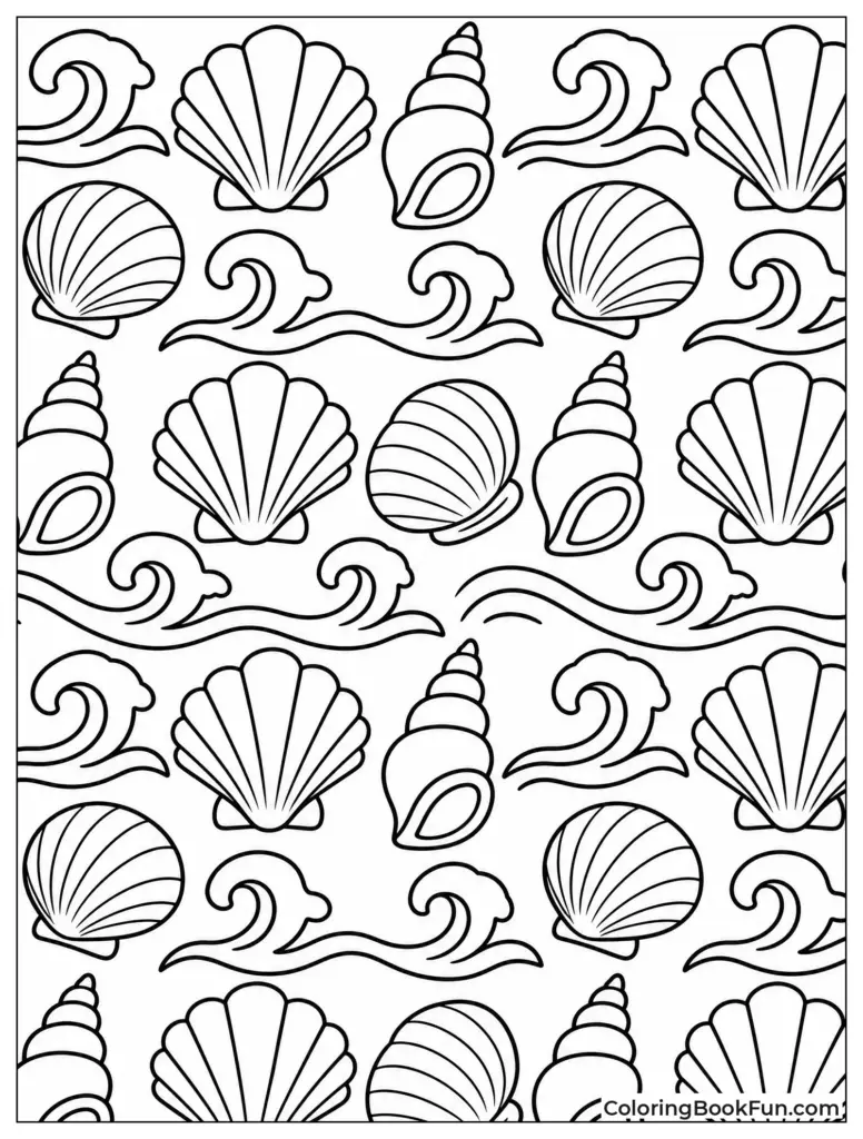 A black-and-white coloring page patterned with scallop shells, spiral shells, clamshells, and stylized waves.