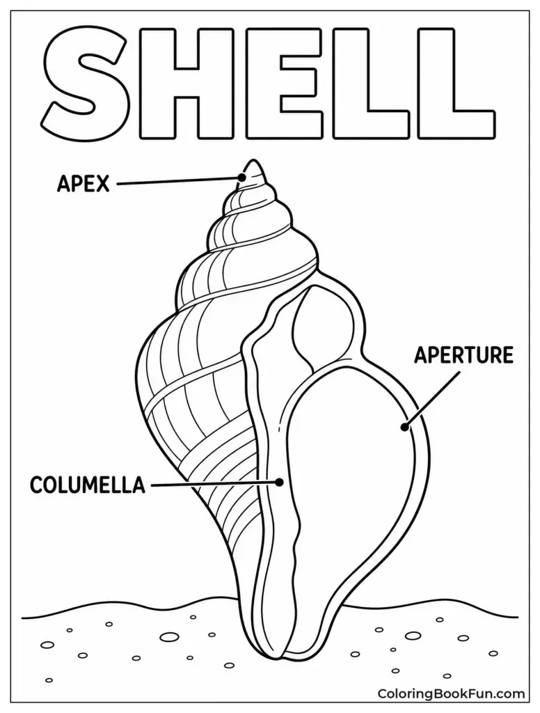 A large spiral shell coloring page labeled with its apex, aperture, and columella, resting on a sandy seabed.