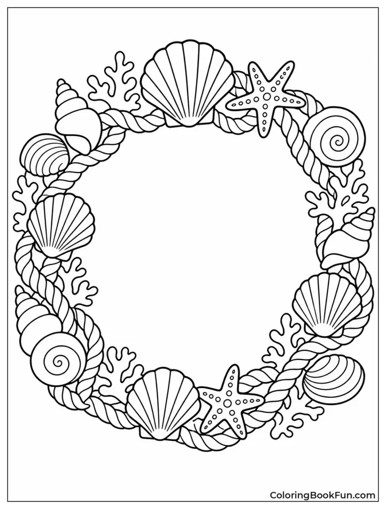 A coloring page with a large blank center surrounded by a braided rope wreath decorated with seashells, starfish, and coral.