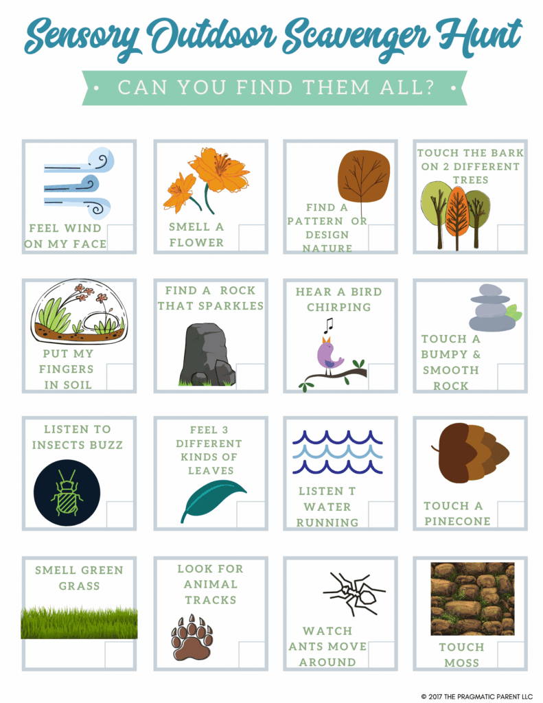 A nature scavenger hunt worksheet for children with illustrated prompts to feel wind, smell flowers, find patterns, touch bark and rocks, listen for birds and insects, and observe leaves, tracks, ants, and moss.