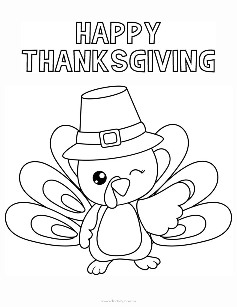 Thanksgiving coloring page with outlined “Happy Thanksgiving” lettering above a cartoon turkey wearing a pilgrim hat, with spread tail feathers.