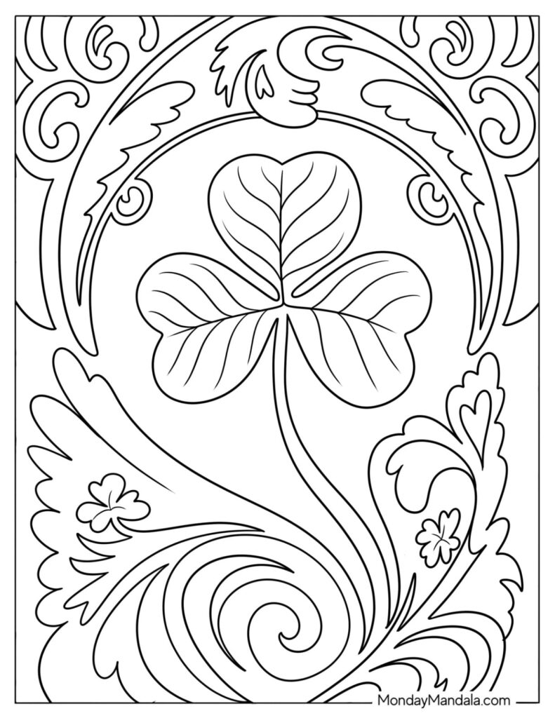 A three-leaf shamrock with detailed veins sits among ornate curling leaves and scrollwork, drawn in black outlines for coloring.