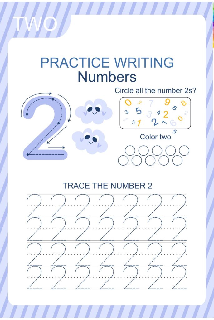 Number 2 practice worksheet with instructions to circle the 2s, color two circles, and trace rows of dotted number 2s.