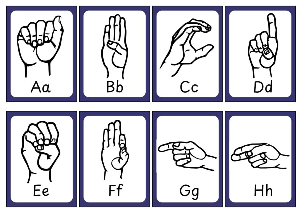 Worksheet-style chart showing black-and-white hand signs labeled Aa through Hh in eight bordered panels.