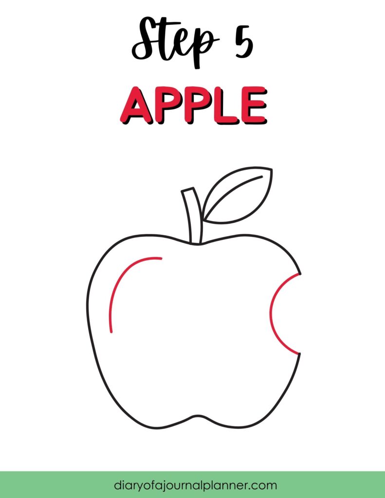 A drawing tutorial page labeled “Step 5 APPLE,” showing a large outlined apple with a leaf, red accent curves, and a bite-shaped indentation.