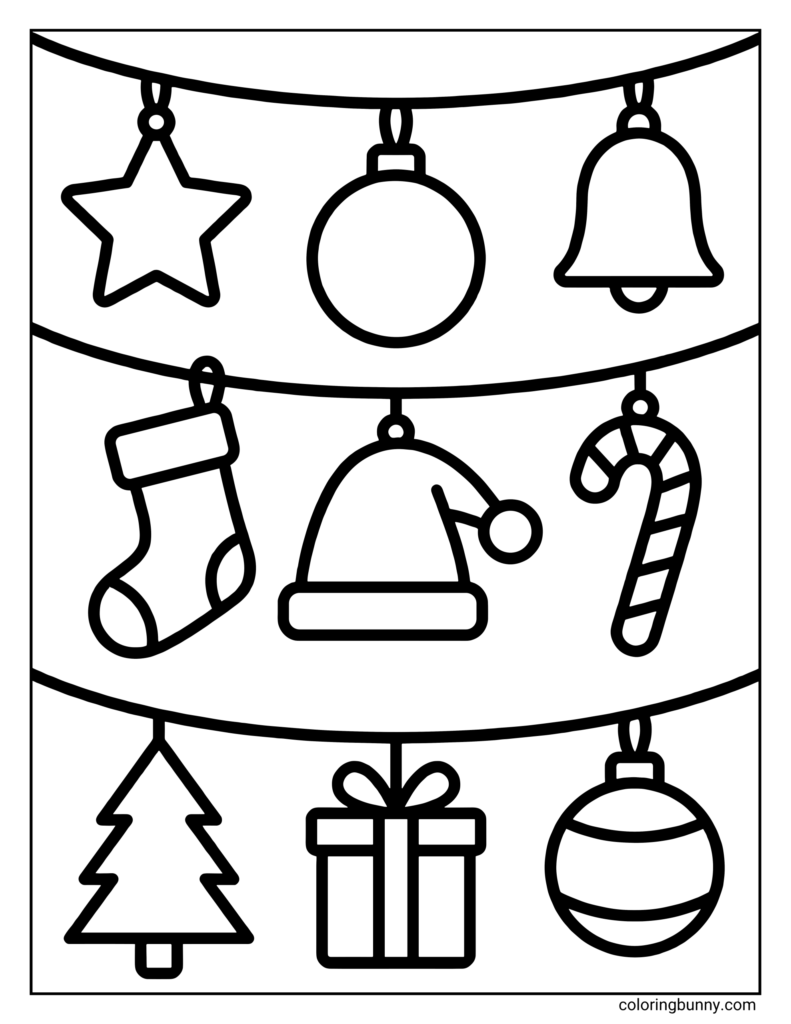 A holiday coloring page shows ornaments, a bell, stocking, Santa hat, candy cane, Christmas tree, gift, and striped bauble hanging on three curved garlands.