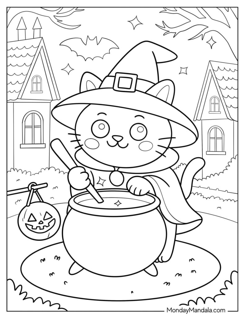 Black-and-white coloring page of a cat dressed as a witch stirring a cauldron, with a hanging jack-o’-lantern, bats, stars, and spooky houses.