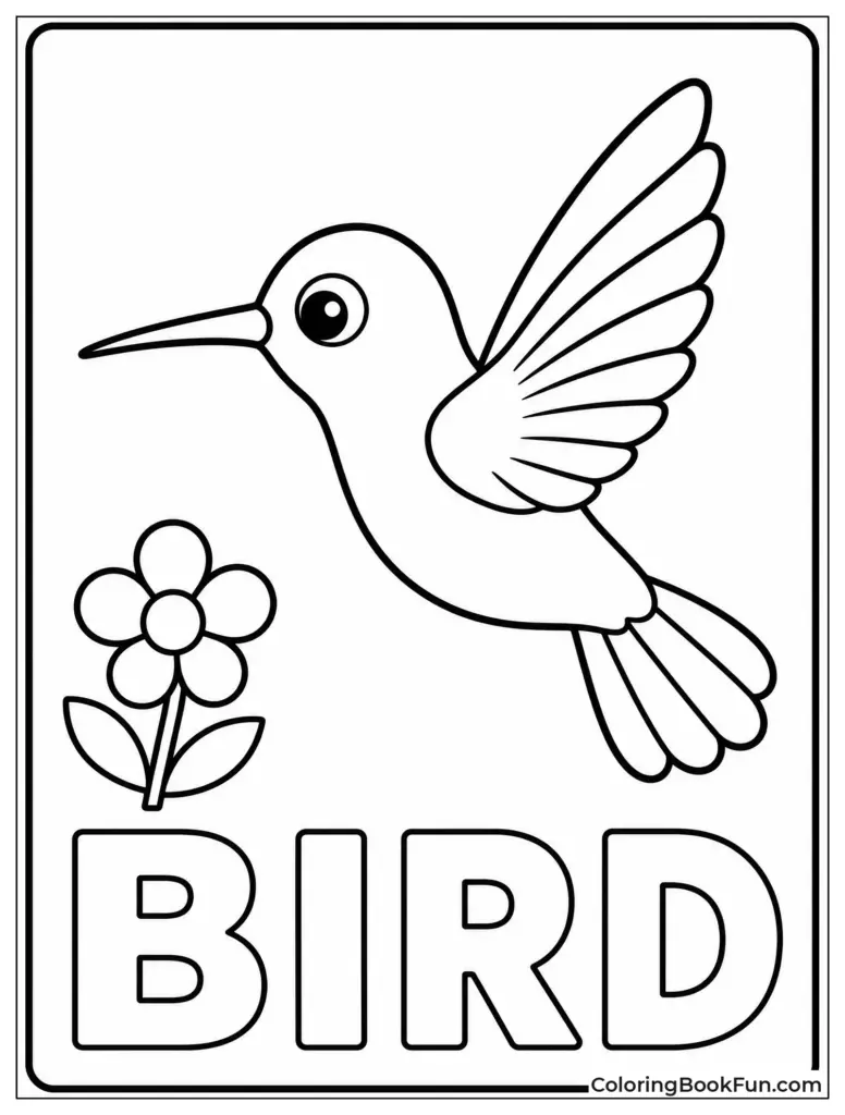 Black-and-white coloring page showing a long-beaked bird with raised wings above a flower, with the word “BIRD” in large outlined letters below.