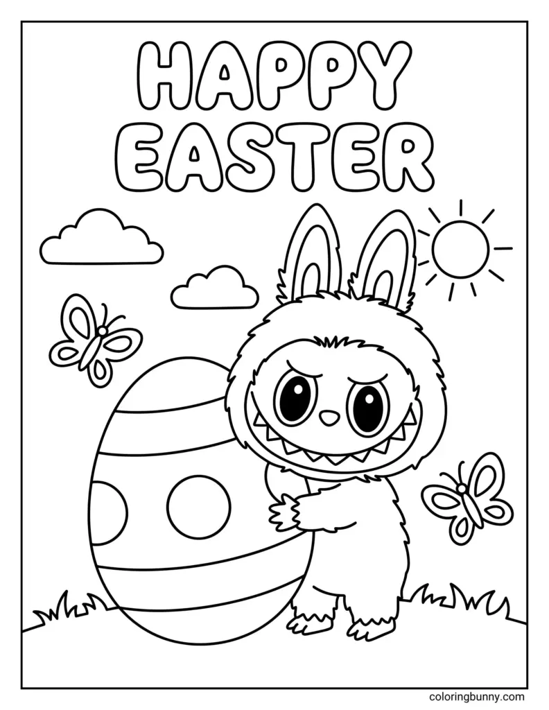 Easter coloring page with a fluffy bunny character hugging a decorated egg, butterflies, clouds, and a sun beneath “HAPPY EASTER.”.