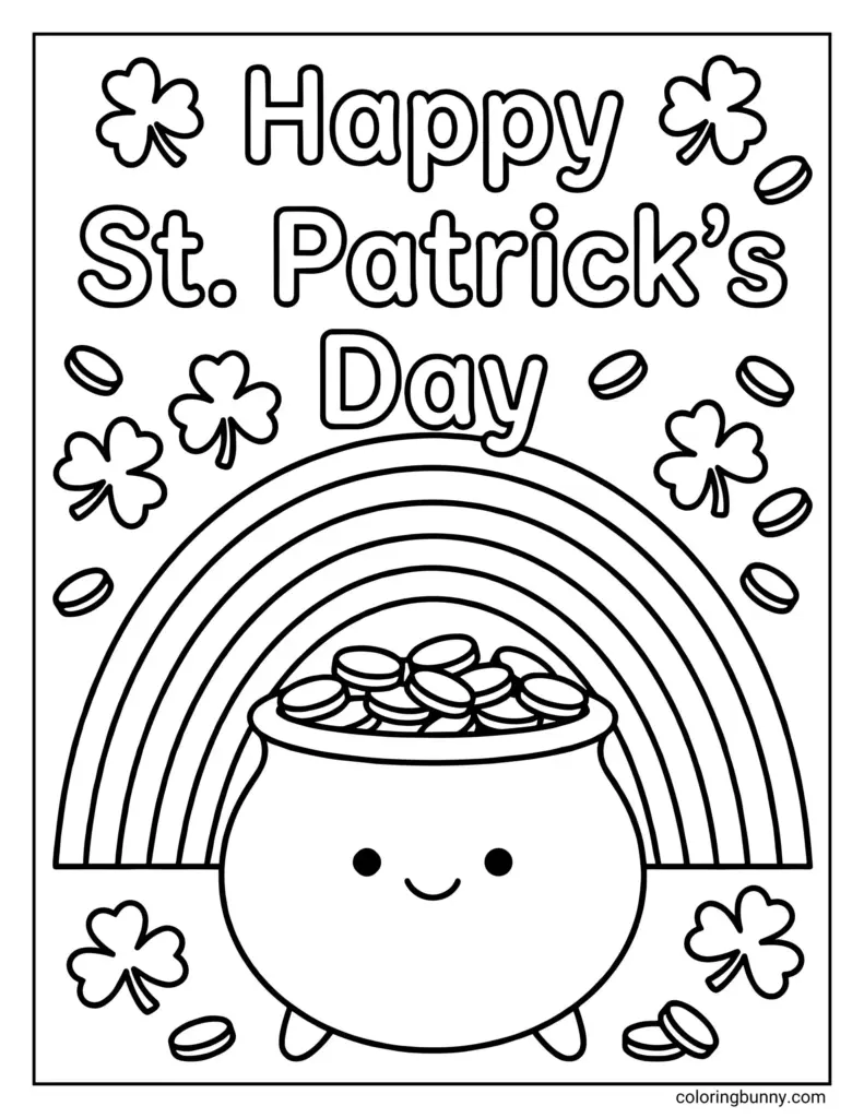 St. Patrick’s Day coloring page featuring outlined lettering, shamrocks, scattered coins, a rainbow, and a smiling pot of gold. A small website credit appears below the page border.