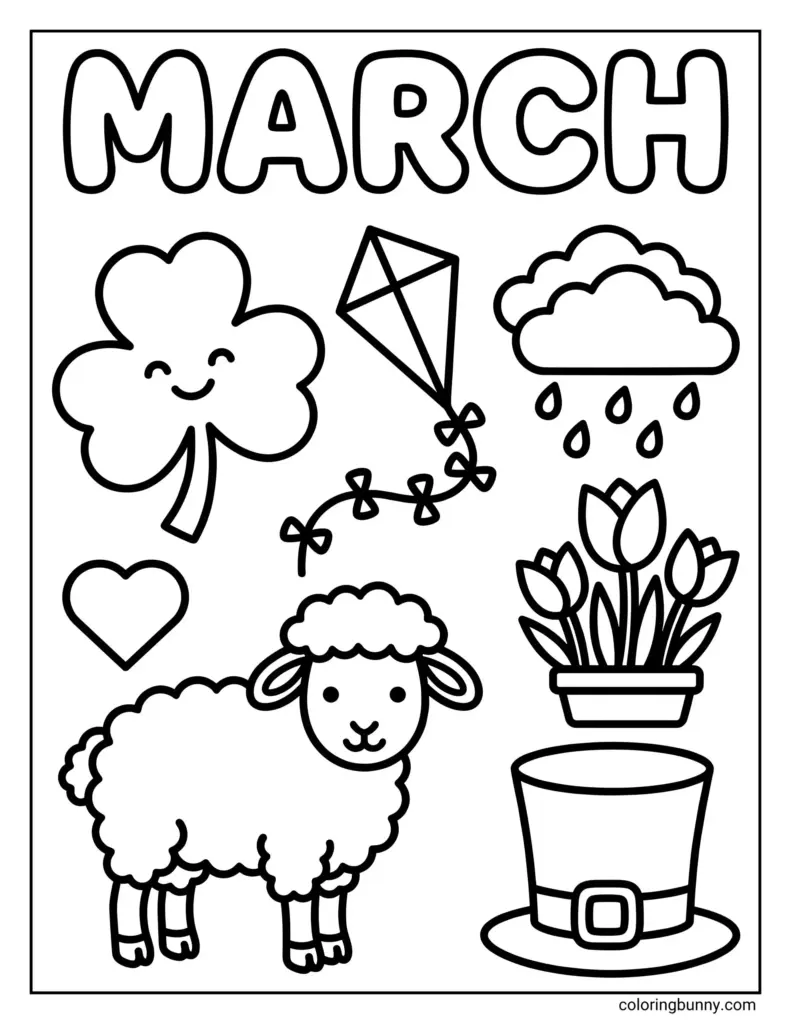 March coloring page with large outlined lettering and drawings of a smiling clover, kite, rain cloud, heart, lamb, tulips, and a hat.