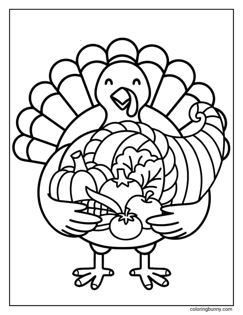Black-and-white coloring page of a turkey holding a basket of vegetables, including pumpkins, corn, and leafy greens.