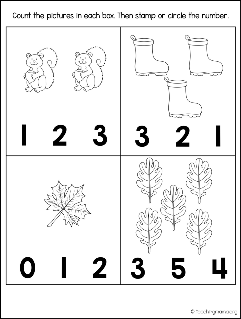 A preschool counting worksheet with four boxes: two squirrels, three boots, one leaf, and five oak leaves, each with number choices.