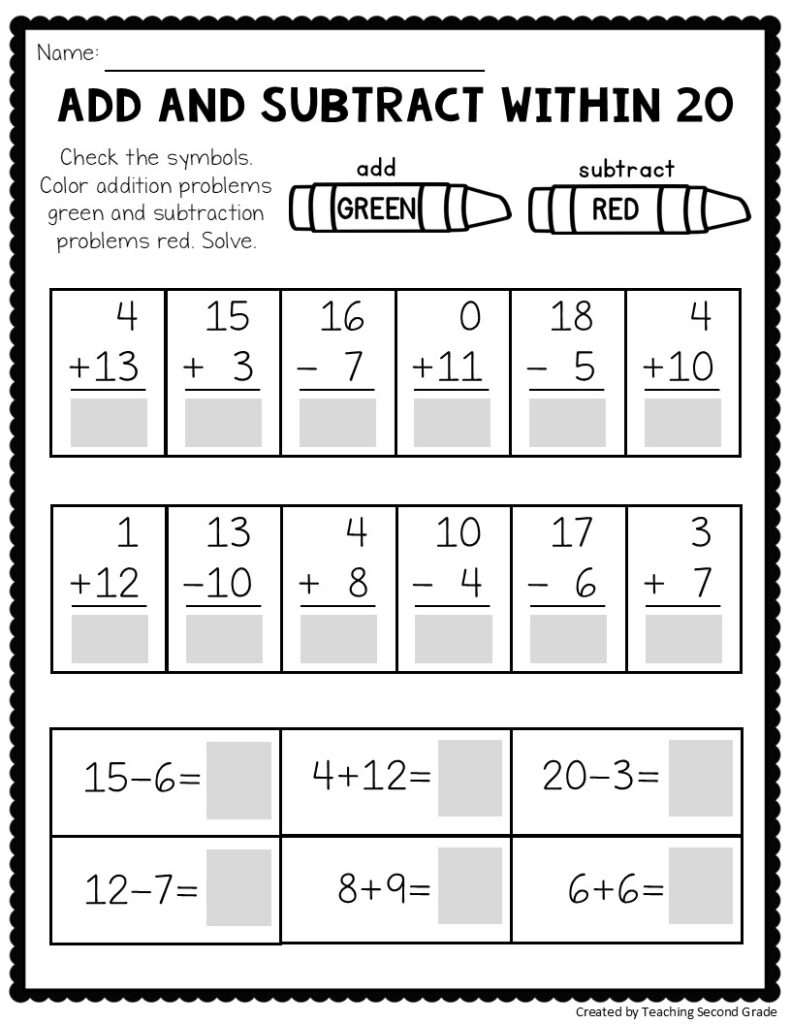 A worksheet titled “Add and Subtract Within 20” has two sections of vertical addition and subtraction problems with shaded answer boxes, followed by six horizontal equations with answer boxes.