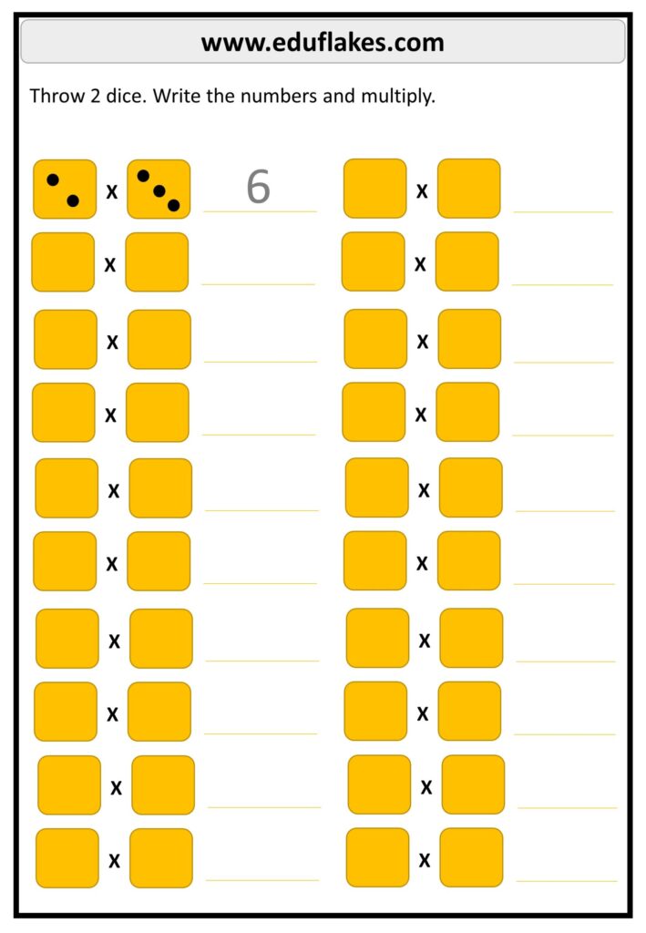 A two-dice multiplication worksheet with rows of dice boxes and answer lines; the first example shows two dice multiplied to make 6.