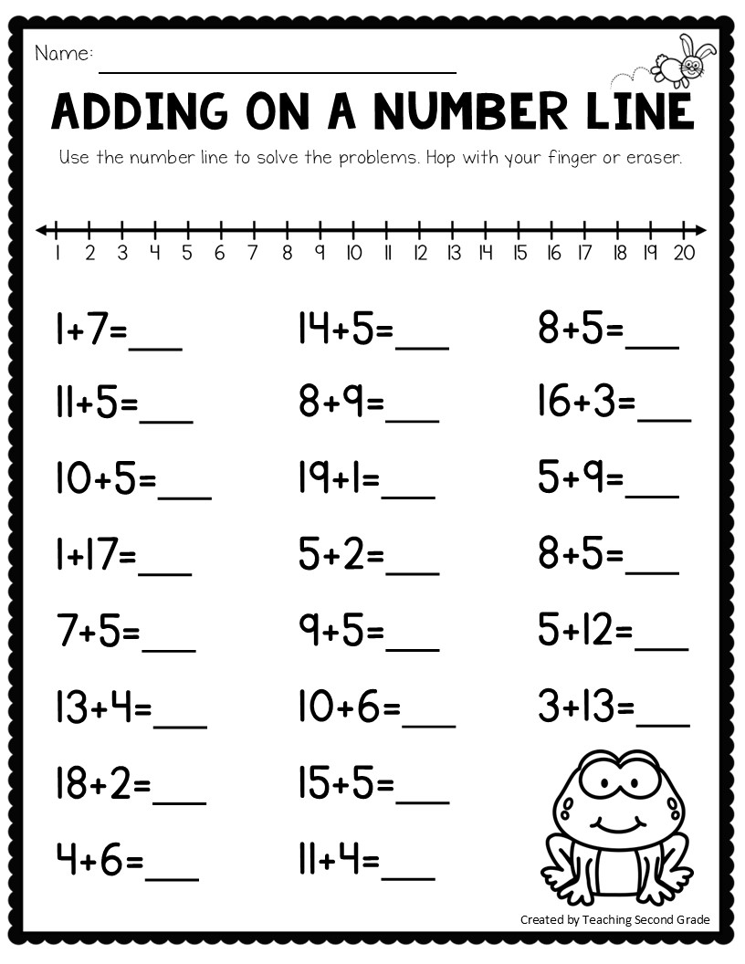 A first-grade addition worksheet with a number line from 1 to 20 and blank answers for two-digit and single-digit addition problems, decorated with a rabbit and frog.