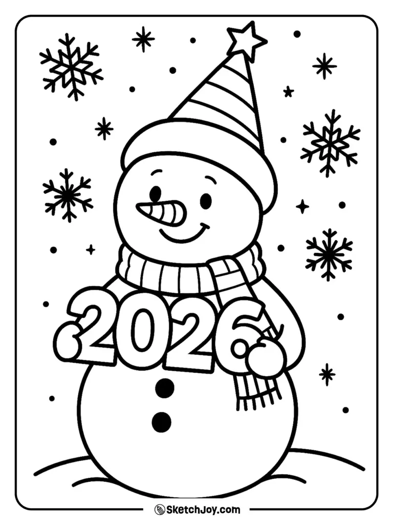 Coloring page of a smiling snowman wearing a striped hat and scarf, holding large “2026” numerals amid snowflakes.