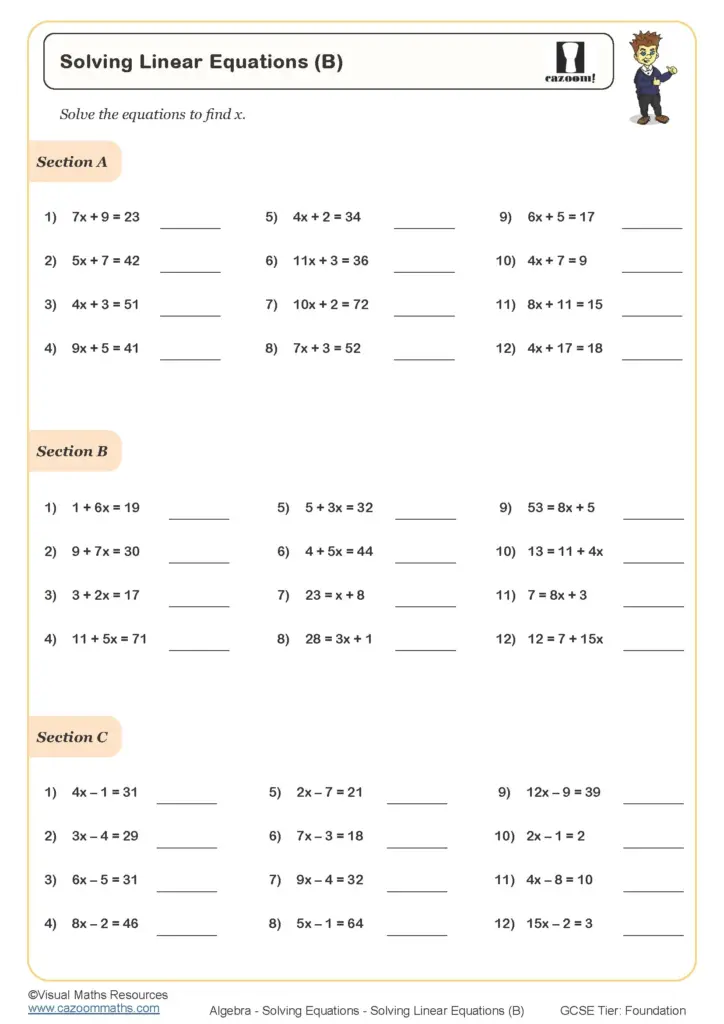 A worksheet titled “Solving Linear Equations (B)” with three sections of linear equations to solve and blank answer lines.