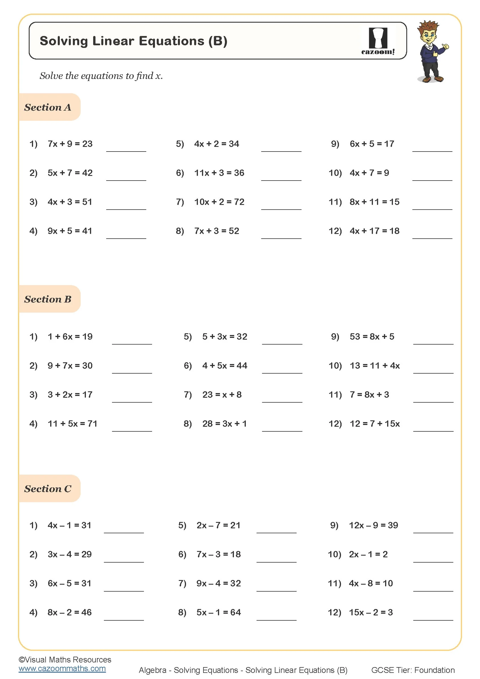 A worksheet titled “Solving Linear Equations (B)” with three sections of linear equations to solve and blank answer lines.