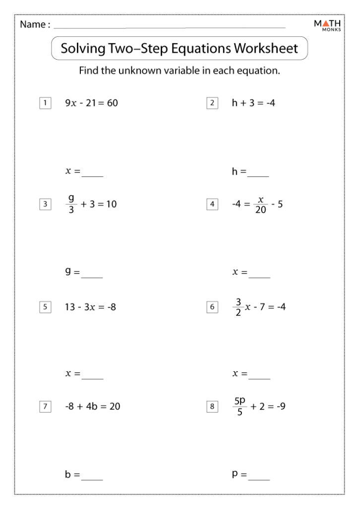 A two-step equations worksheet with eight numbered problems, a name line, and blank spaces for solving for x, h, g, b, and p.