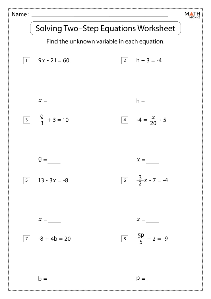 A two-step equations worksheet with eight numbered problems, a name line, and blank spaces for solving for x, h, g, b, and p.