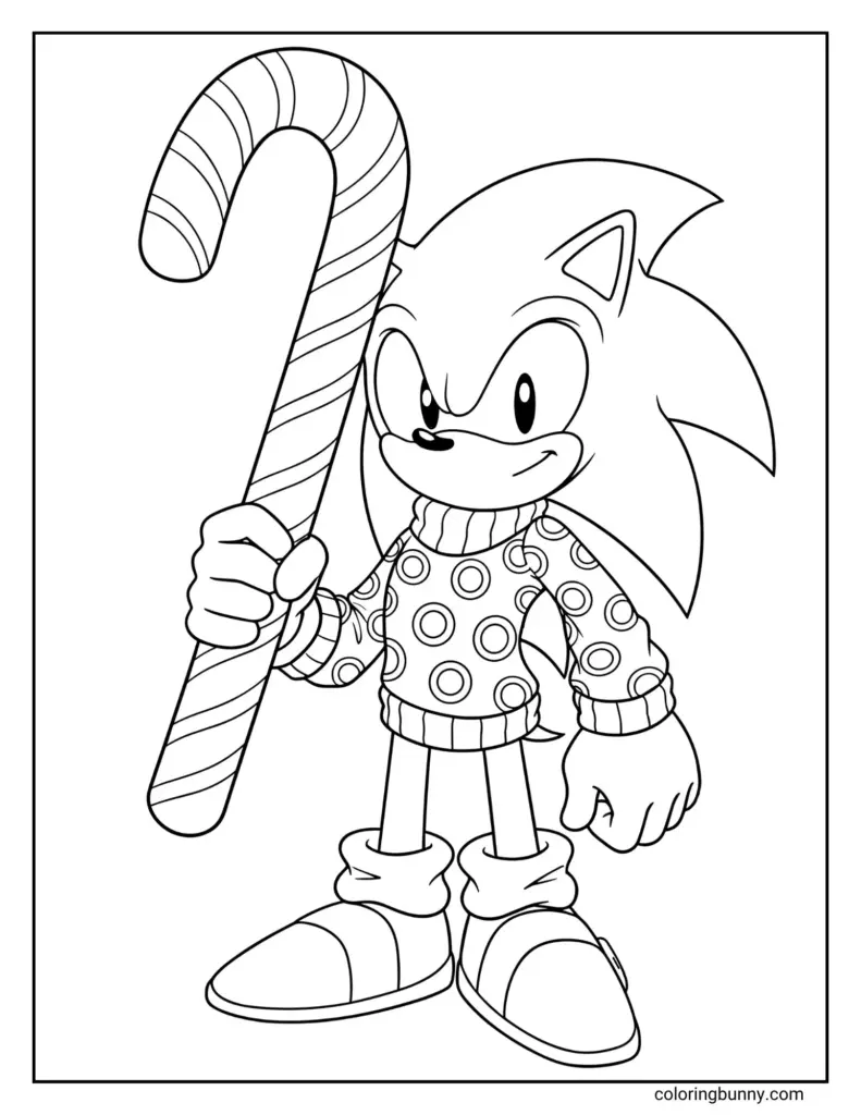 Outline coloring page of a smiling cartoon hedgehog wearing a patterned sweater and boots, holding a large striped candy cane.