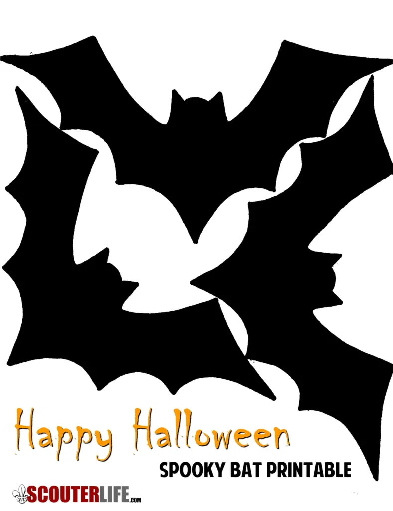 Black bat silhouette with spread wings above orange “Happy Halloween” lettering and a “Spooky Bat Printable” label.