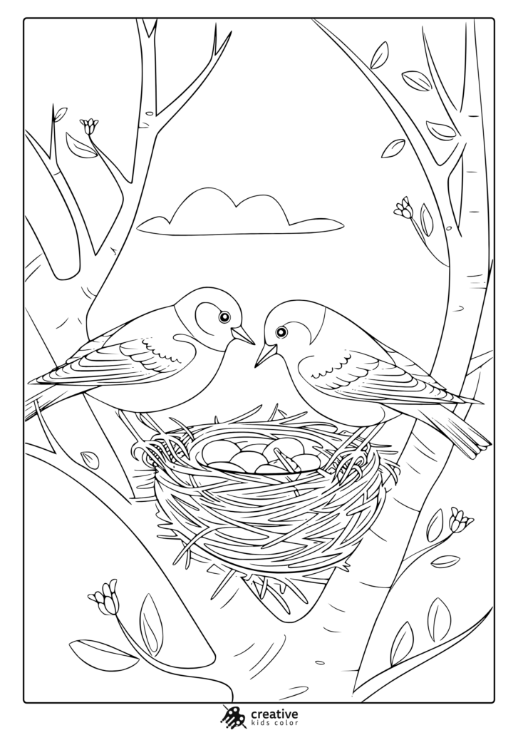 Outline coloring page of two birds tending a nest of eggs among tree branches and leaves.