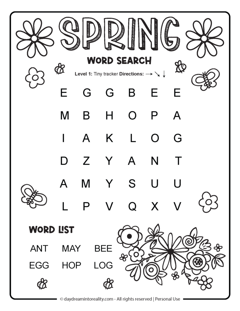 Spring word search worksheet with a six-by-six letter grid, a word list including ANT, MAY, BEE, EGG, HOP, and LOG, and floral and insect outlines.