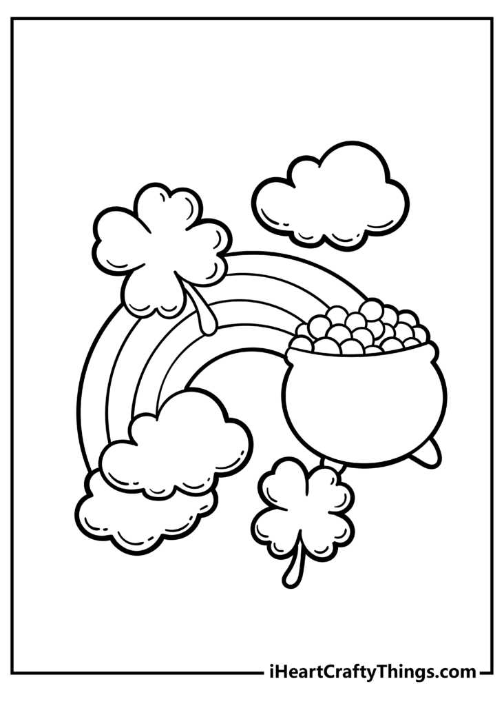 Black-and-white coloring page showing a pot of gold beneath a rainbow, with clouds and shamrocks.