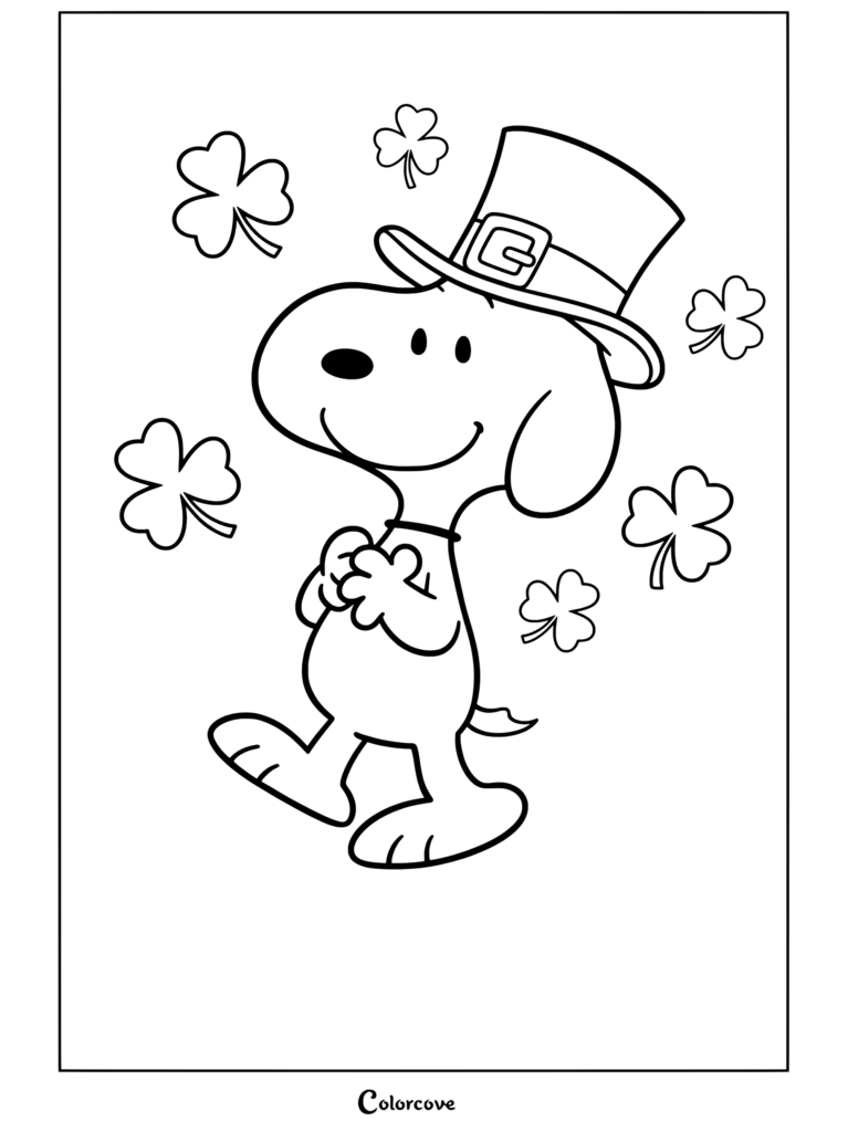 A smiling cartoon dog in a tall buckled hat holds a shamrock, surrounded by shamrocks in a black-and-white coloring page.