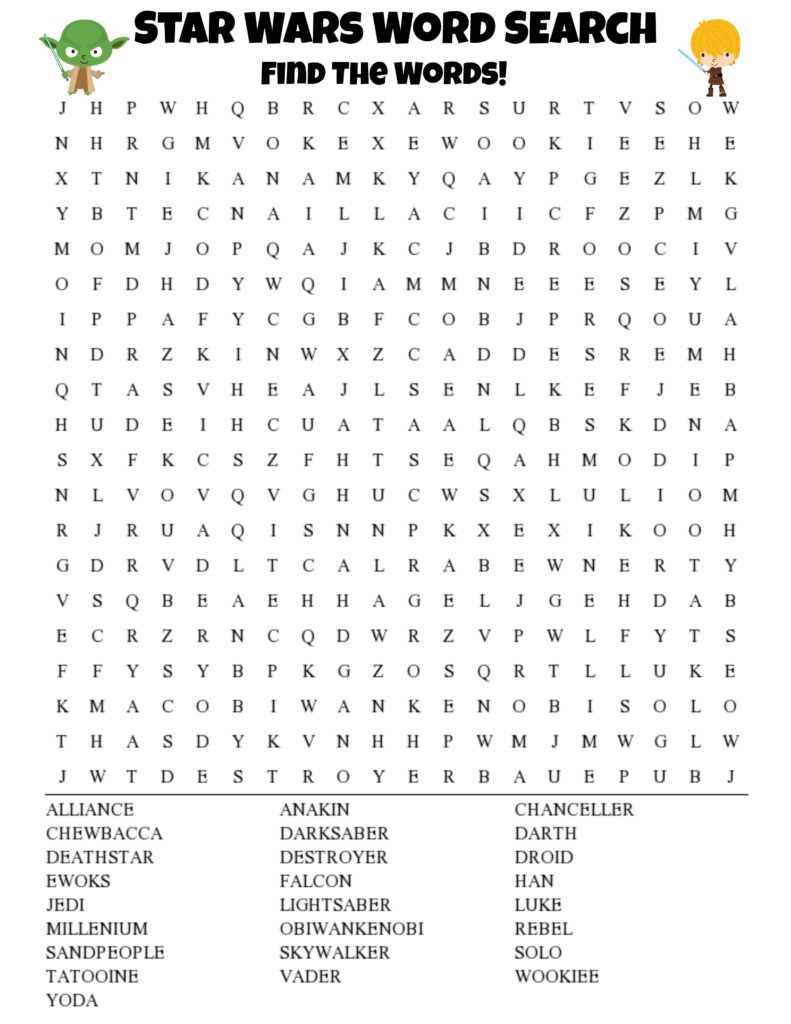 Star Wars word-search worksheet with a large letter grid and a three-column list of words to find, including Yoda, Jedi, Luke, and Wookiee.