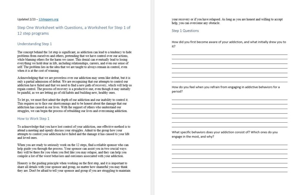 Two-page Step One recovery worksheet with guidance on acknowledging addiction and lined questions about its effects and behaviors.