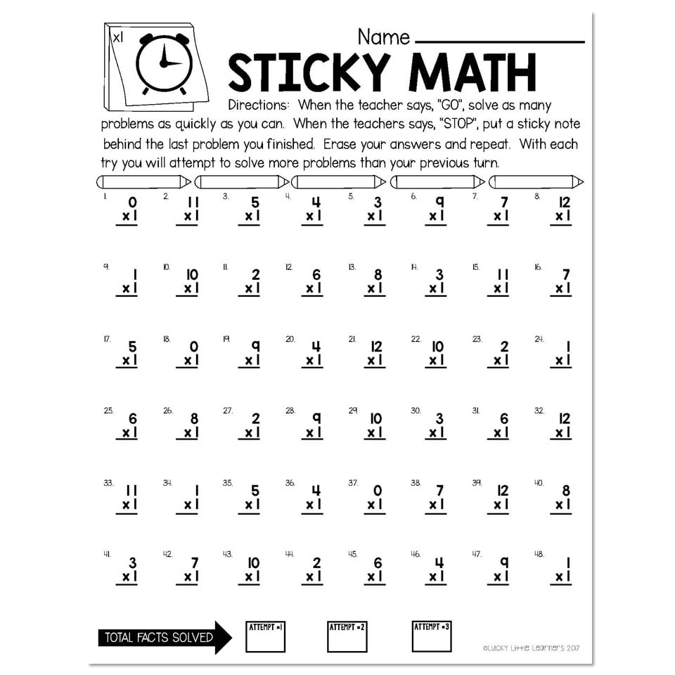 A “Sticky Math” worksheet with 48 numbered single-digit multiplication problems, directions for timed attempts, and boxes to record attempt scores.